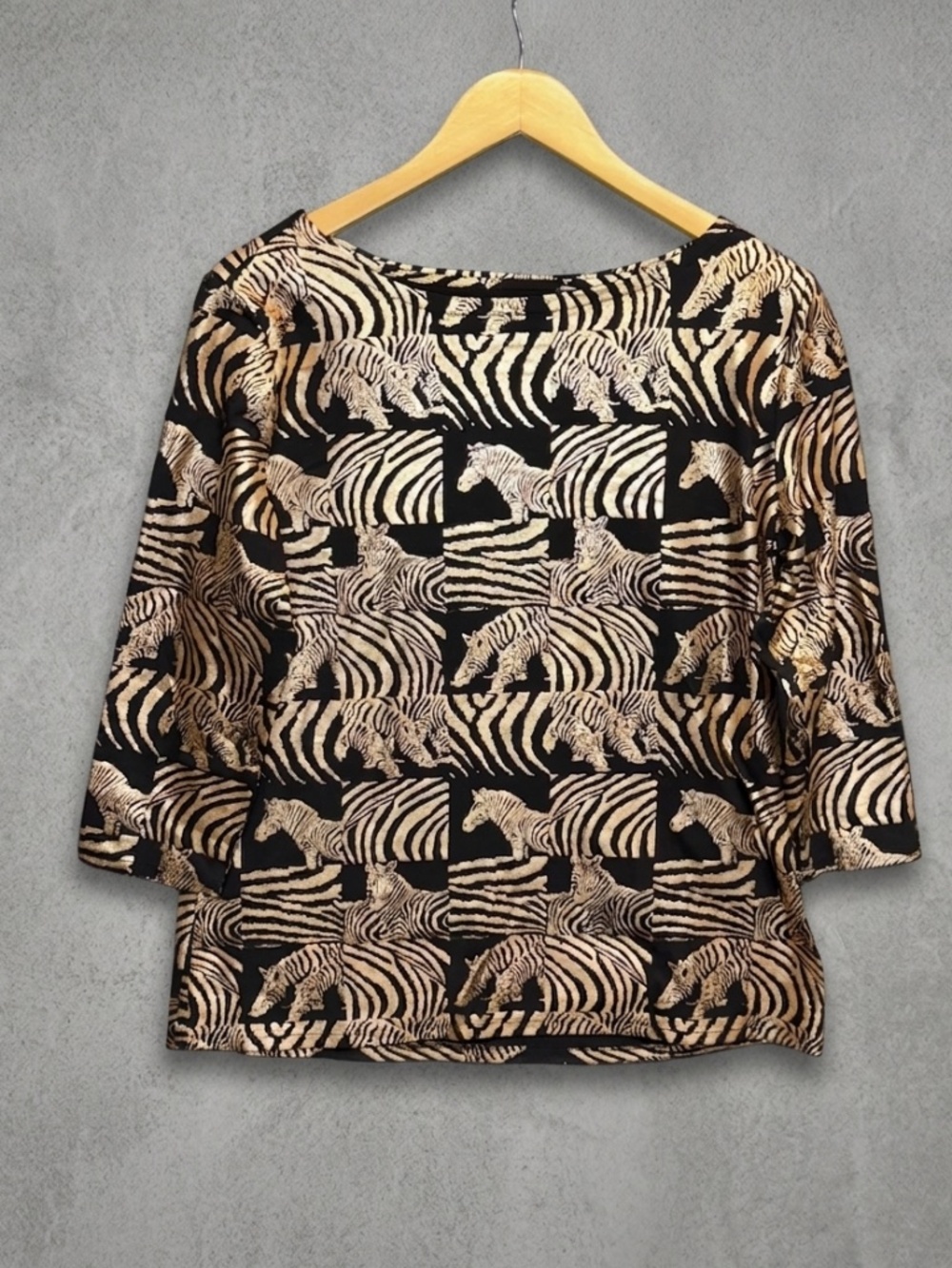 Rebecca Malone Metallic Gold Foil Zebra Print Top L Boat Neck 3/4 Sleeve Black